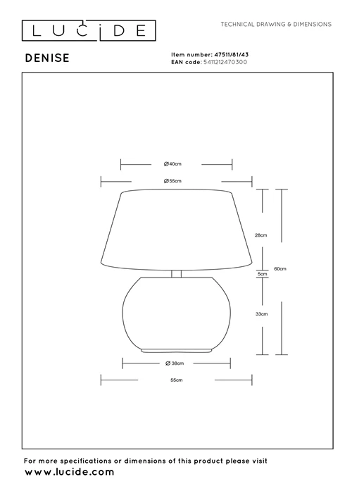 Lucide DENISE - Lámpara de mesa - Ø 55 cm - 1xE27 - Marrón - Vibes - técnico